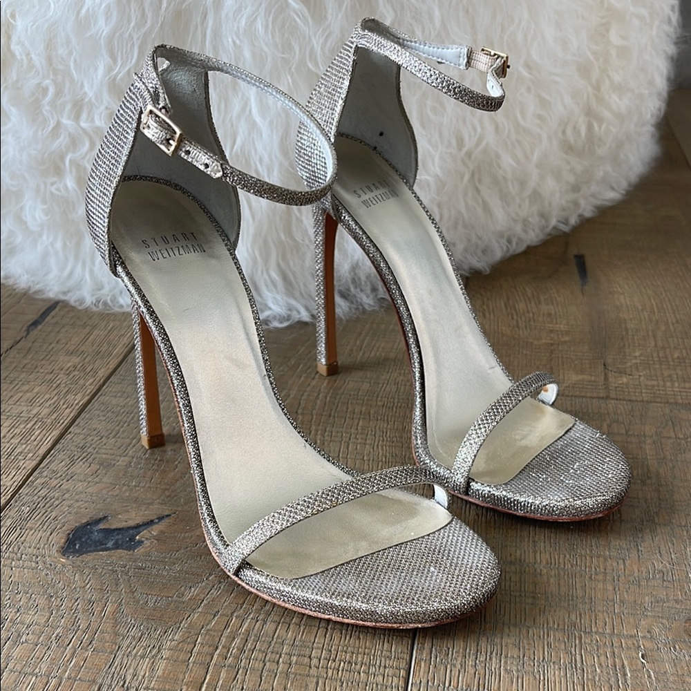 Stuart Weitzman Silver Stiletto Heels with Ankle Strap